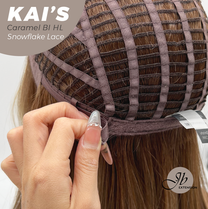 JBEXTENSION 18 Inches Caramel Blonde Highlight Pre-Cut Snowflake Lace Frontlace Glueless Wig KAI'S CARAMEL BLONDE HIGHLIGHT【PERMATEASE】【BENDY EAR TABS】- M/L