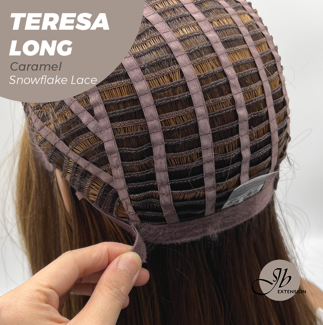 JBEXTENSION 22 Inches Long Caramel Pre-Cut Snowflake Lace Frontlace Glueless Wig TERESA LONG CARAMEL【PERMATEASE】【BENDY EAR TABS】- S/M