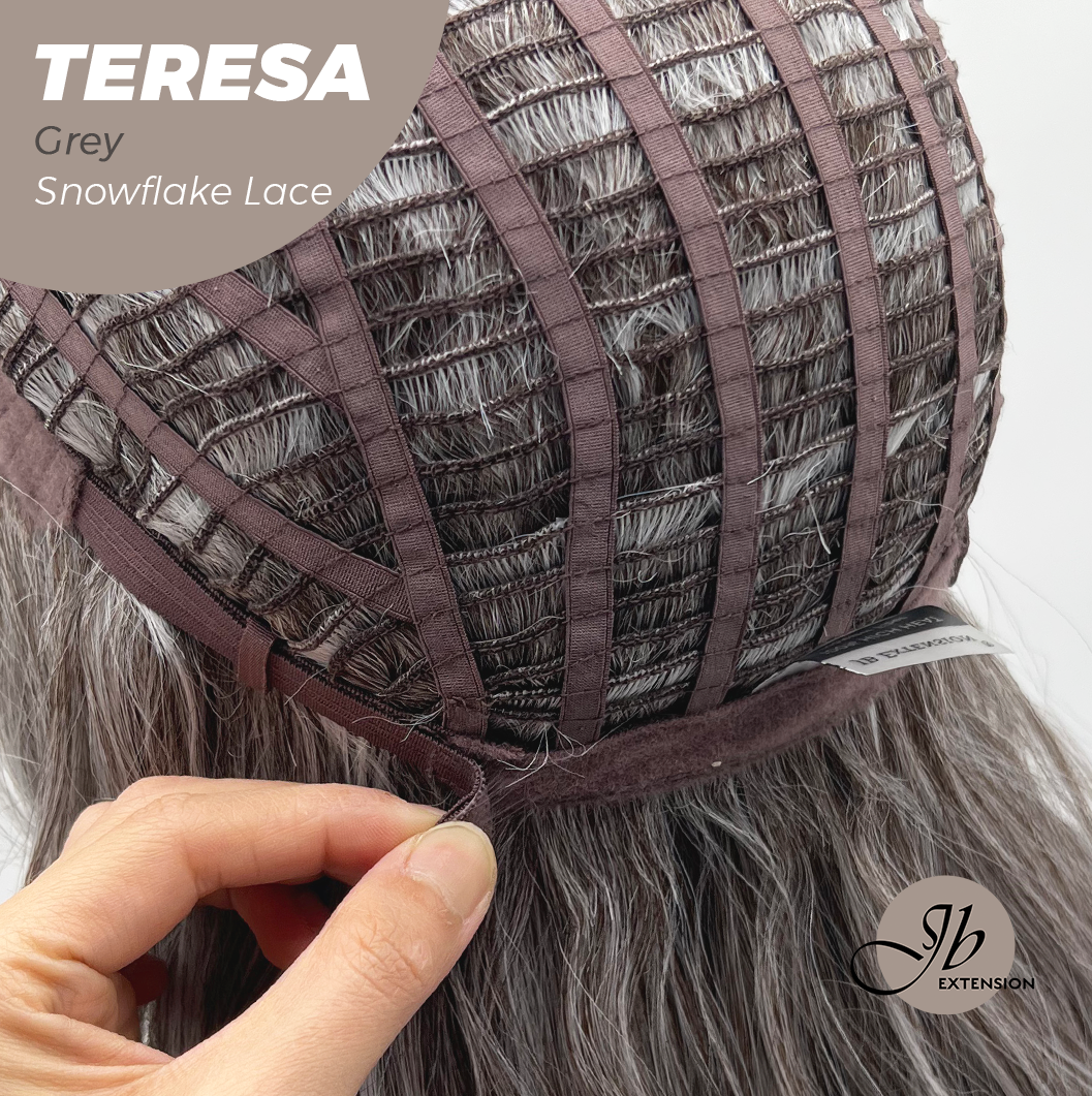 JBEXTENSION 18 Inches Grey Pre-Cut Snowflake Lace Frontlace Glueless Wig TERESA GREY【PERMATEASE】【BENDY EAR TABS】- M/L