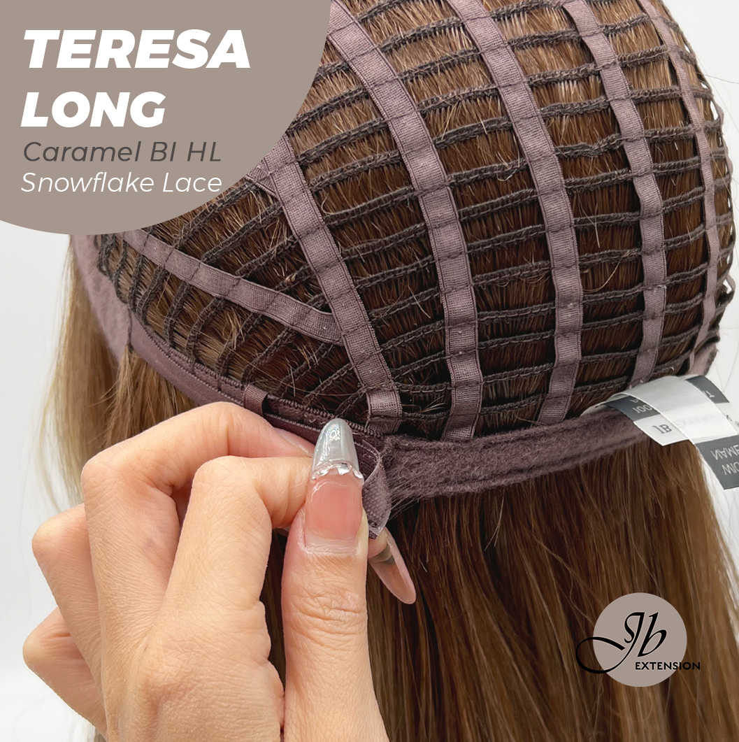 JBEXTENSION 22 Inches Long Caramel Blonde Highlight Pre-Cut Snowflake Lace Frontlace Glueless Wig TERESA LONG CARAMEL BLONDE HIGHLIGHT【PERMATEASE】【BENDY EAR TABS】- M/L