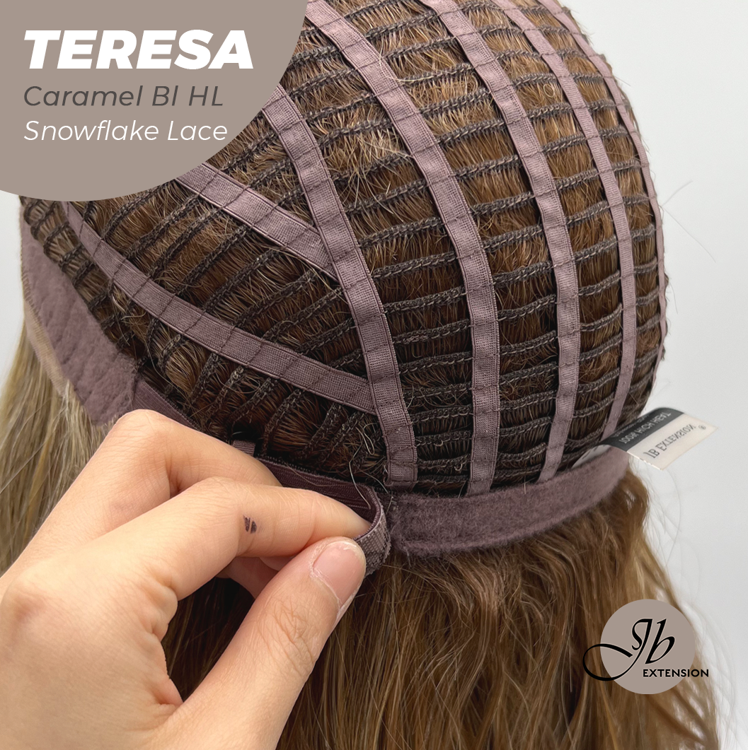 JBEXTENSION 18 Inches Caramel Blonde Highlight Pre-Cut Snowflake Lace Frontlace Glueless Wig TERESA CARAMEL BLONDE HIGHLIGHT【PERMATEASE】【BENDY EAR TABS】- M/L