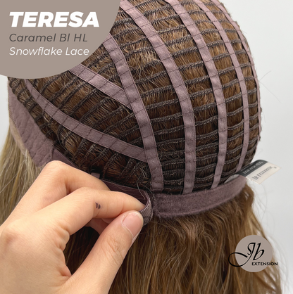 JBEXTENSION 18 Inches Caramel Blonde Highlight Pre-Cut Snowflake Lace Frontlace Glueless Wig TERESA CARAMEL BLONDE HIGHLIGHT【PERMATEASE】【BENDY EAR TABS】- M/L