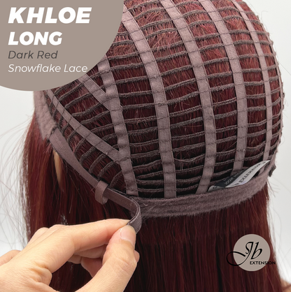 JBEXTENSION 18 Inches Dark Red Pre-Cut Snowflake Lace Frontlace Glueless Wig KHLOE LONG DARK RED【PERMATEASE】【BENDY EAR TABS】- M/L