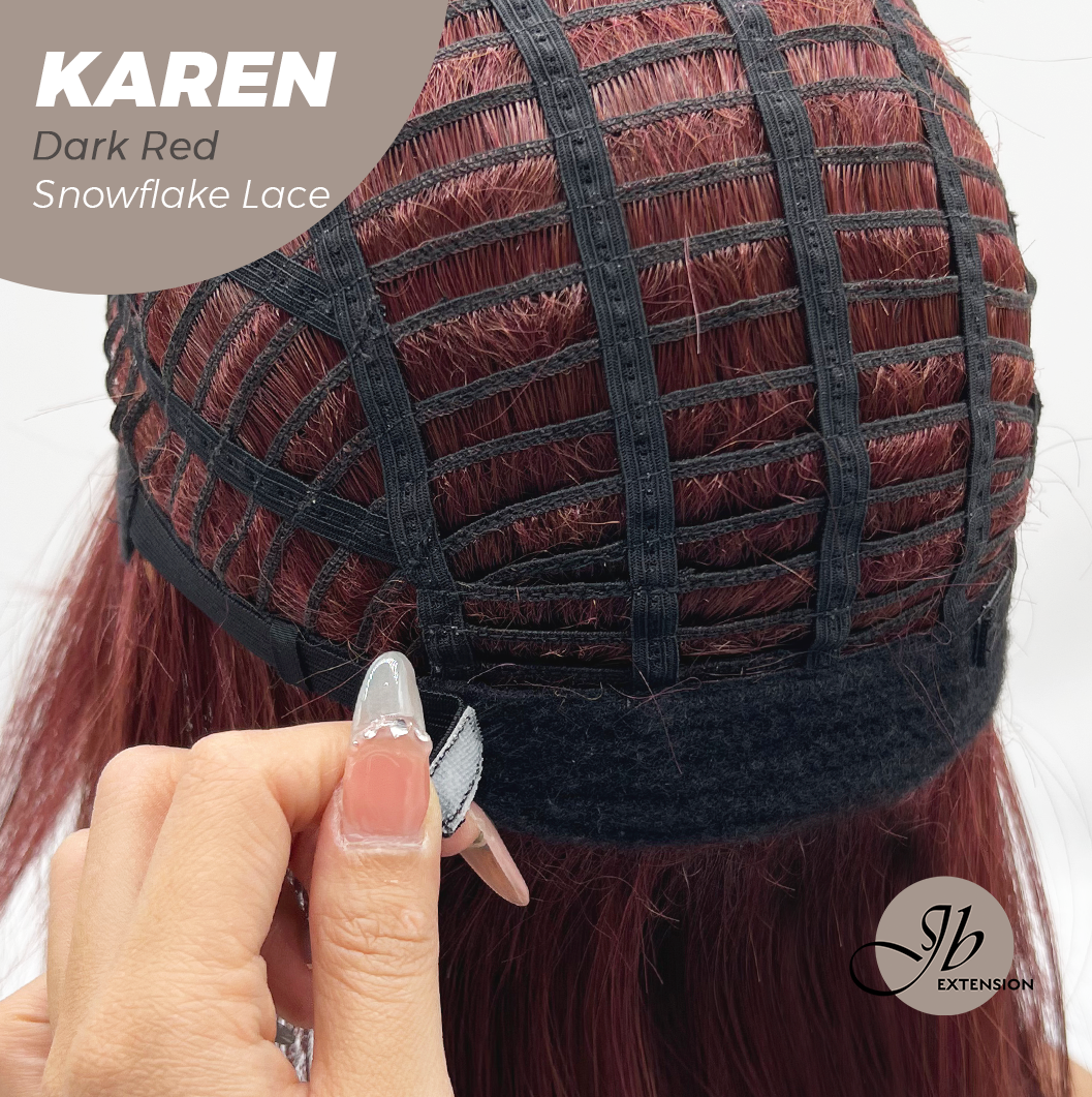 JBEXTENSION 18 Inches Dark Red Pre-Cut Arc Snowflake Lace Frontlace Glueless Wig KAREN DARK RED【BENDY EAR TABS】