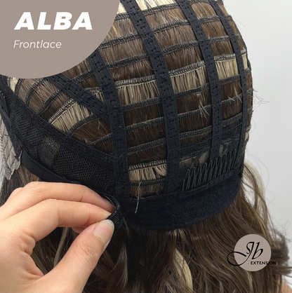 JBEXTENSION 12 Inches Wave Dark Brown with Blonde Highlight with Dark Root Pre-Cut Frontlace Glueless Wig ALBA