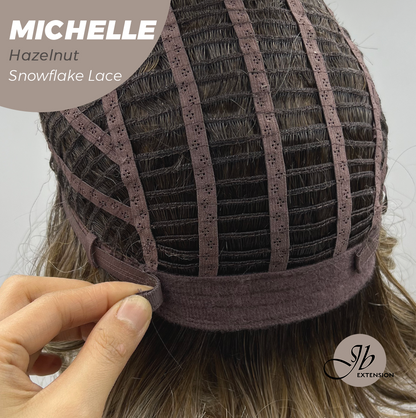JBEXTENSION 10 Inches Hazelnut Blonde Highlight Pre-Cut Side Part Snowflake Lace Frontlace Glueless Wig MICHELLE HAZELNUT【BENDY EAR TABS】- M/L