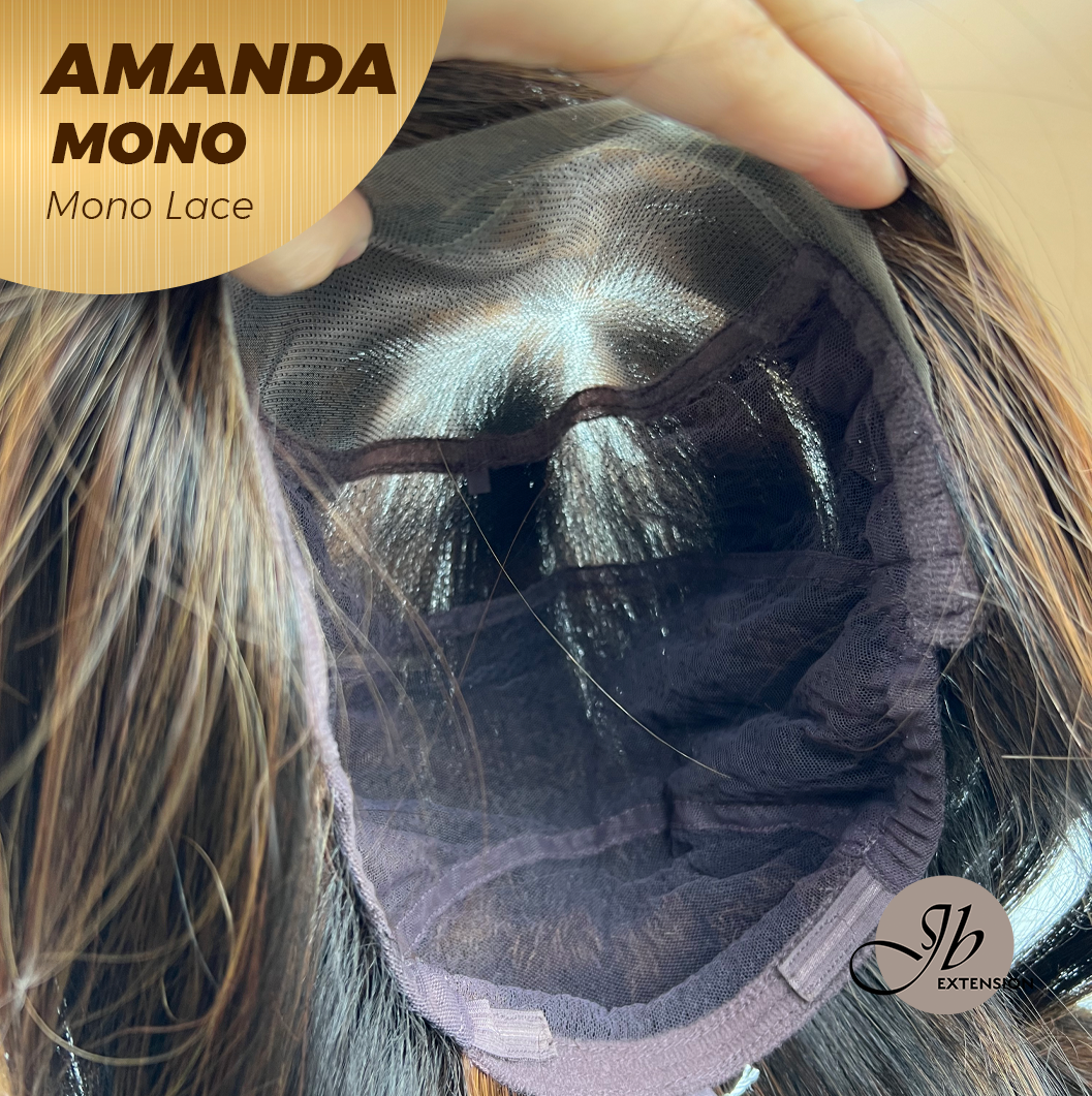 JBEXTENSION AMANDA MONO Full Monofilament Handmade Full Lace Full Hand Tied Wig 10 Inches Black With Caramel Highlight Mono Lace Handmade Futura Fiber Wig Glueless Wig AMANDA MONO【BENDY EAR TABS】