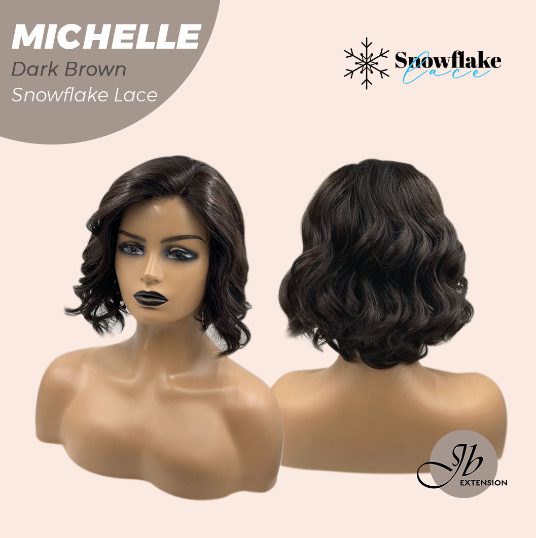 JBEXTENSION 10 Inches Dark Brown Pre-Cut Side Part Snowflake Lace Frontlace Glueless Wig MICHELLE DARK BROWN【BENDY EAR TABS】- S/M