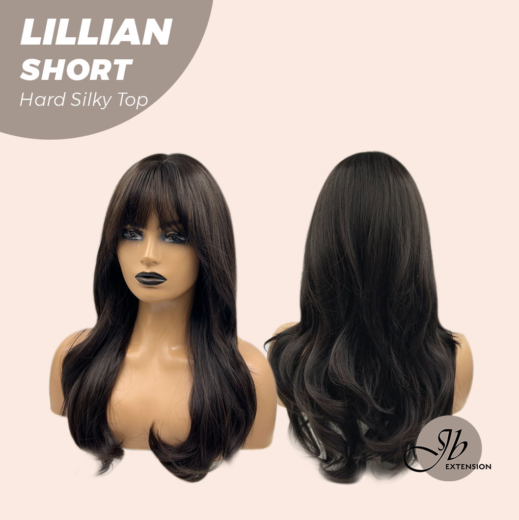 JBEXTENSION 22 Inches Scalpiana Tea Black Darkest Brown Curly 3.5X4 Hard Silky Top Natural Scalp Effect Wig LILLIAN SILKY TOP SHORT