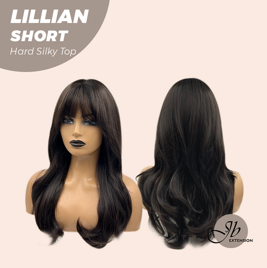 JBEXTENSION 22 Inches Scalpiana Tea Black Darkest Brown Curly 3.5X4 Hard Silky Top Natural Scalp Effect Wig LILLIAN SILKY TOP SHORT