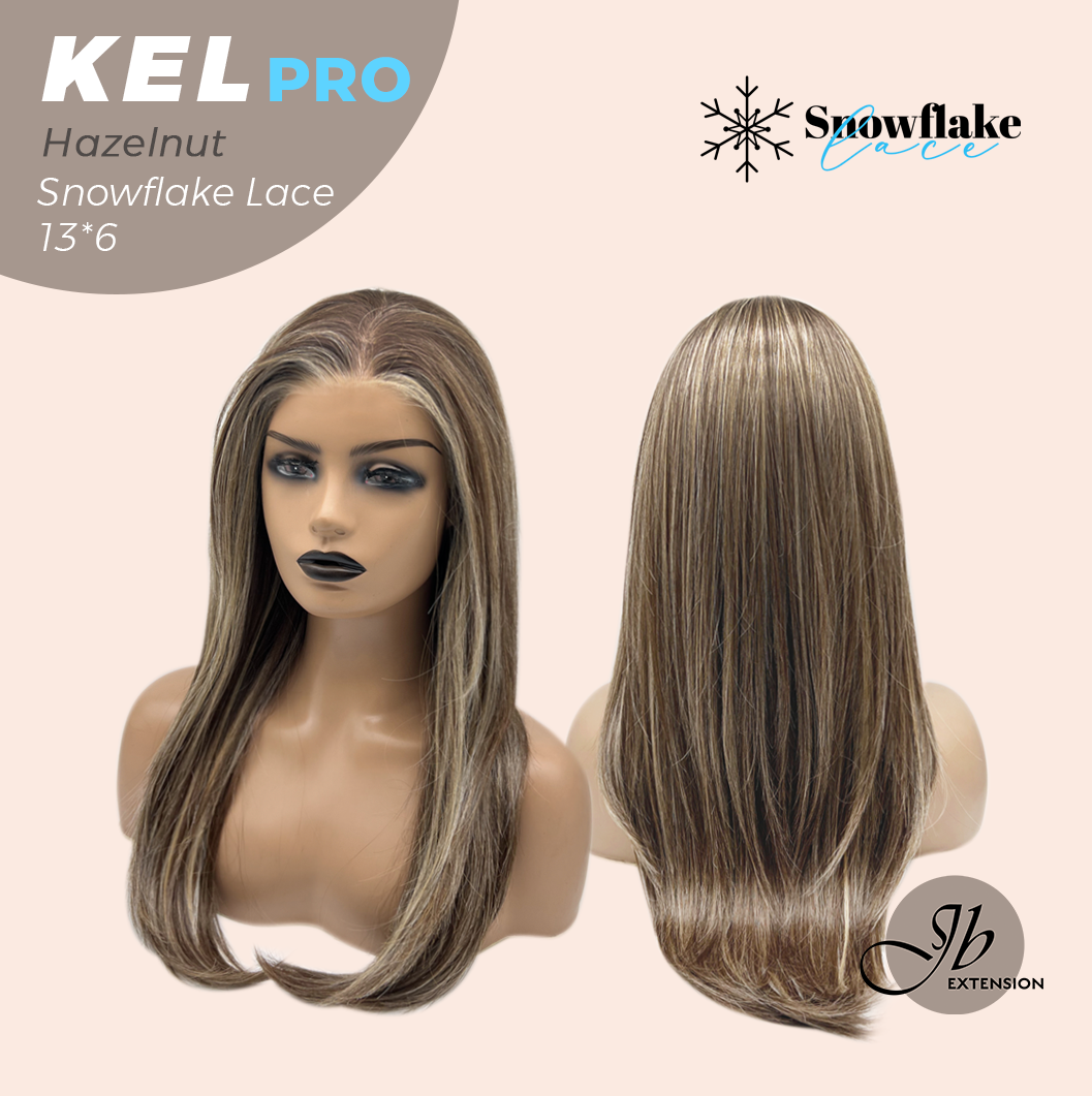 JBEXTENSION 22 Inches Hazelnut Blonde Highlight Pre-Cut 13X6 Free Part Snowflake Lace Frontlace Glueless Wig KEL PRO - HAZELNUT【BENDY EAR TABS】