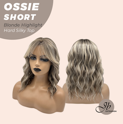 JBEXTENSION 14 Inches Scalpiana Wave Blonde Highlight 3.5X4 Hard Silky Top Natural Scalp Effect Wig with Bangs OSSIE SHORT - BLONDE HIGHLIGHT