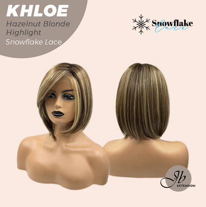 JBEXTENSION 12 Inches Bob Cut Hazelnut Blonde Highlight Pre-Cut Snowflake Lace Frontlace Glueless Wig KHLOE HAZELNUT【PERMATEASE】【BENDY EAR TABS】- S/M