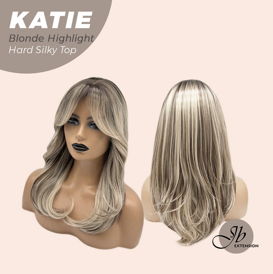 JBEXTENSION 18 Inches Scalpiana Curly Blonde Highlight 3.5X4 Hard Silky Top Natural Scalp Effect Wig with Bangs KATIE BLONDE HIGHLIGHT