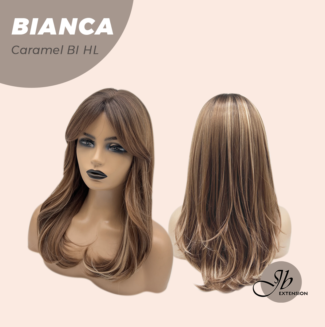 JBEXTENSION 20 Inches Curly Caramel Blonde Highlight Wig with Bangs BIANCA CARAMEL BLONDE HIGHLIGHT