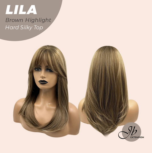 JBEXTENSION 20 Inches Scalpiana Brown Highlight Wolf Cut 3.5X4 Hard Silky Top Natural Scalp Effect Wig With Bangs LILA BROWN HIGHLIGHT