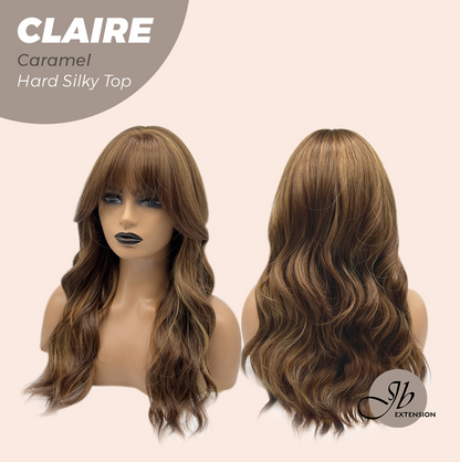 JBEXTENSION 22 Inches Scalpiana Caramel 3.5X4 Hard Silky Top Natural Scalp Effect Women Wig with Bangs CLAIRE SILKY TOP - CARAMEL