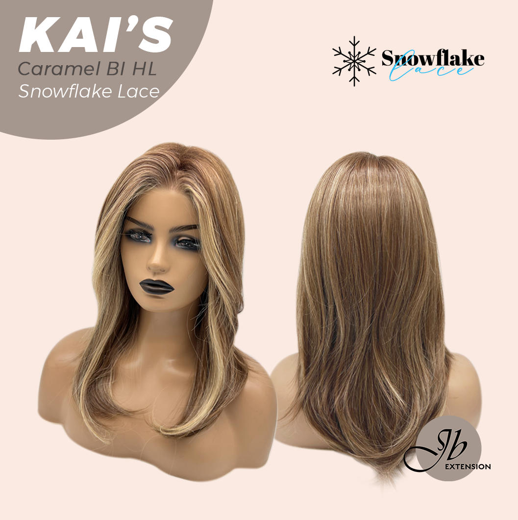 JBEXTENSION 18 Inches Caramel Blonde Highlight Pre-Cut Snowflake Lace Frontlace Glueless Wig KAI'S CARAMEL BLONDE HIGHLIGHT【PERMATEASE】【BENDY EAR TABS】- M/L