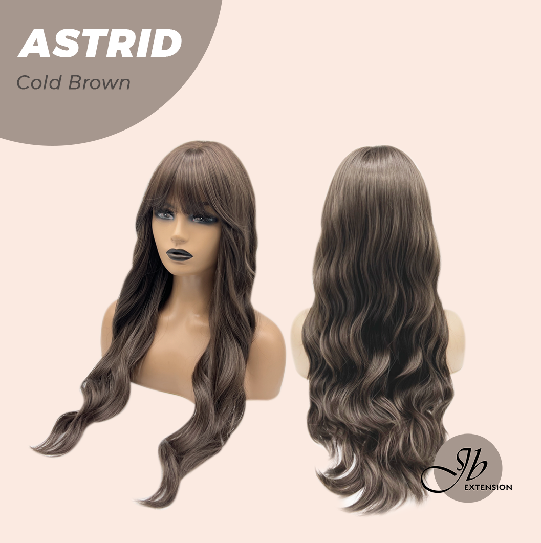 JBEXTENSION 28 Inches Long Wave Cold Brown Wig with Bangs ASTRID COLD BROWN