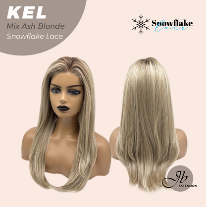 JBEXTENSION 22 Inches Mix Ash Blonde Pre-Cut Snowflake Lace Frontlace Glueless Wig KEL MIX ASH BLONDE【PERMATEASE】【BENDY EAR TABS】- S/M