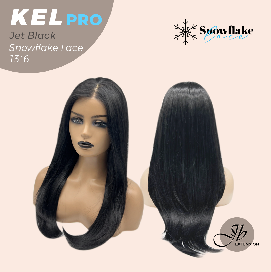 JBEXTENSION 22 Inches Jet Black Pre-Cut 13X6 Free Part Snowflake Lace Frontlace Glueless Wig KEL PRO - JET BLACK【BENDY EAR TABS】