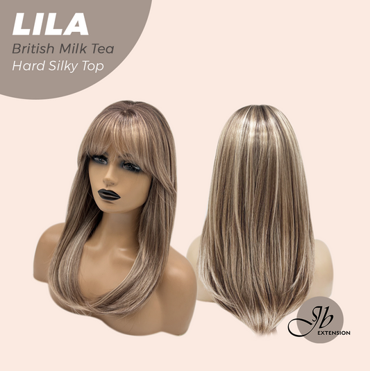 JBEXTENSION 20 Inches Scalpiana British Milk Tea Wolf Cut 3.5X4 Hard Silky Top Natural Scalp Effect Wig with Bangs LILA BRITISH MILK TEA