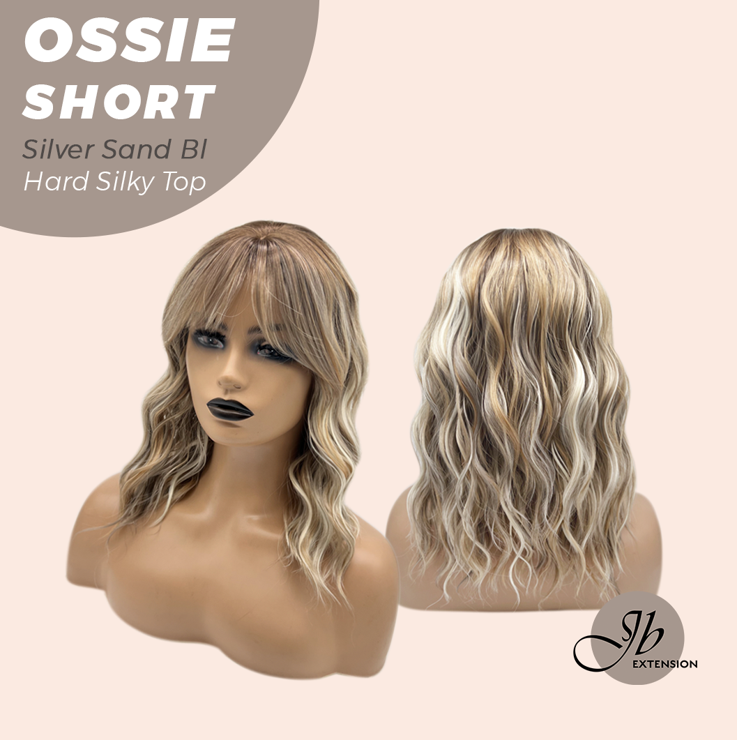 JBEXTENSION 14 Inches Scalpiana Wave Silver Sand Blonde 3.5X4 Hard Silky Top Natural Scalp Effect Wig with Bangs OSSIE SHORT - SILVER SAND BLONDE