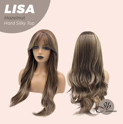 JBEXTENSION 26 Inches Scalpiana Long Curly Hazelnut 3.5X4 Hard Silky Top Natural Scalp Effect Wig with Bangs LISA HAZELNUT