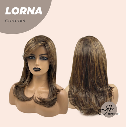 [FINAL SALE] HOT OF SEASON -18 Inches Caramel Curly Women Fashion Full Machine Wig With Bangs LORNA CARAMEL【PLUS PERMATEASE】【BENDY EAR TABS】