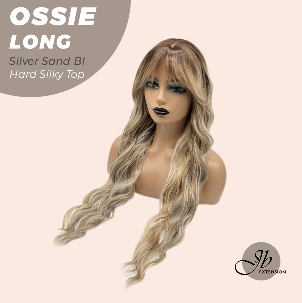 JBEXTENSION 28 Inches Scalpiana Long Wave Silver Sand Blonde 3.5X4 Hard Silky Top Natural Scalp Effect Wig with Bangs OSSIE LONG - SILVER SAND BLONDE
