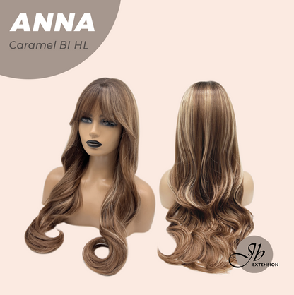 JBEXTENSION 28 Inches Long Curly Caramel Blonde Highlight Wig with Bangs ANNA CARAMEL BLONDE HIGHLIGHT