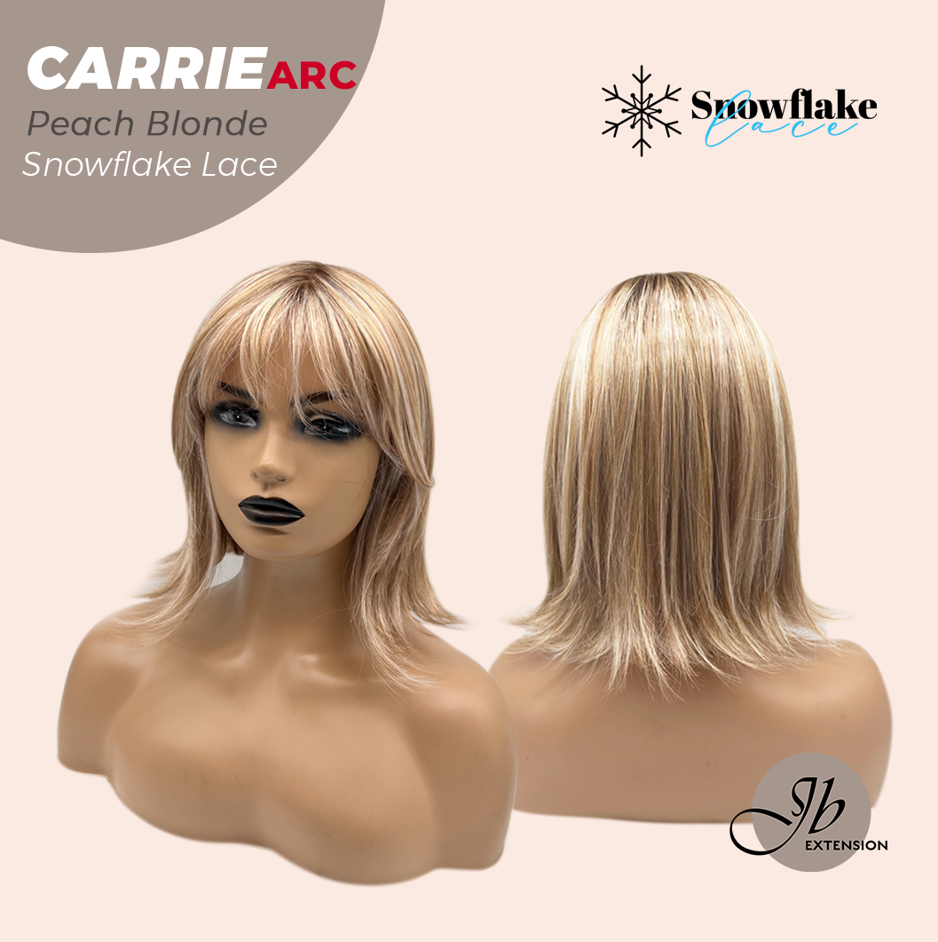 JBEXTENSION 11 Inches Short Hair Peach Blonde Pre-Cut Arc Snowflake Lace Frontlace Glueless Wig with Bangs CARRIE PEACH BLONDE【BENDY EAR TABS】
