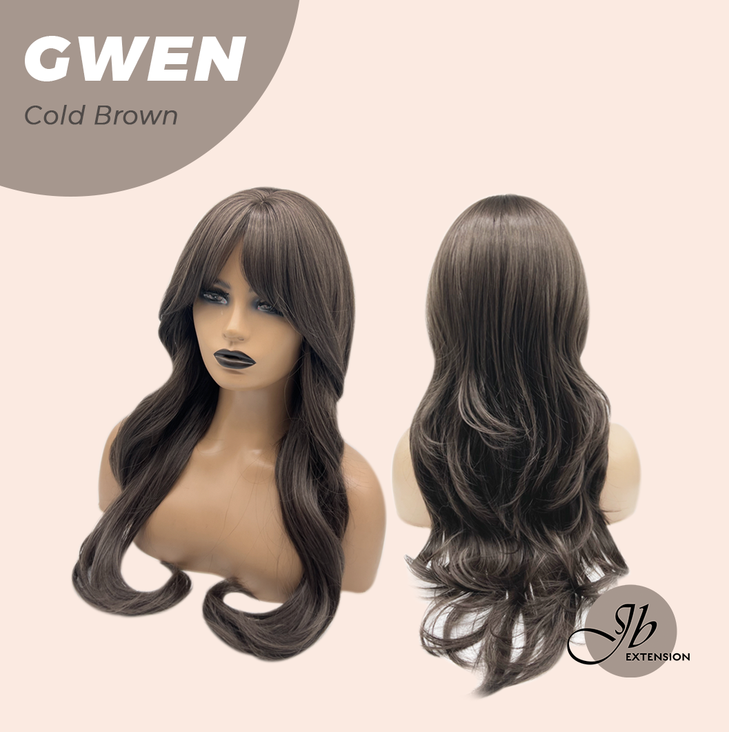 JBEXTENSION 25 Inches Long Curly Cold Brown Wig with Bangs GWEN COLD BROWN