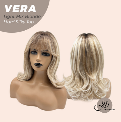 JBEXTENSION 17 Inches Scalpiana Curly Light Mix Blonde 3.5X4 Hard Silky Top Natural Scalp Effect Wig with Bangs VERA LIGHT MIX BLONDE