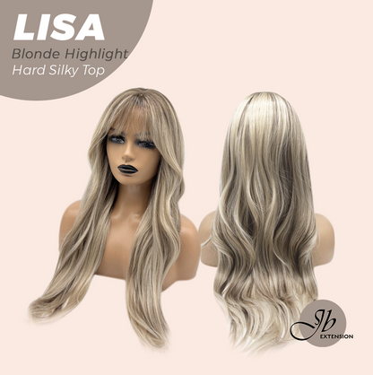 JBEXTENSION 26 Inches Scalpiana Long Curly Blonde Highlight 3.5X4 Hard Silky Top Natural Scalp Effect Wig with Bangs LISA BLONDE HIGHLIGHT