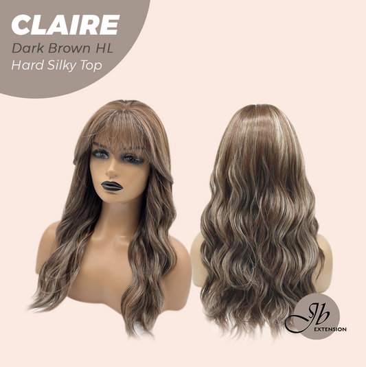 JBEXTENSION 22 Inches Scalpiana Dark Brown Highlight 3.5X4 Hard Silky Top Natural Scalp Effect Women Wig with Bangs CLAIRE SILKY TOP - DARK BROWN HIGHLIGHT