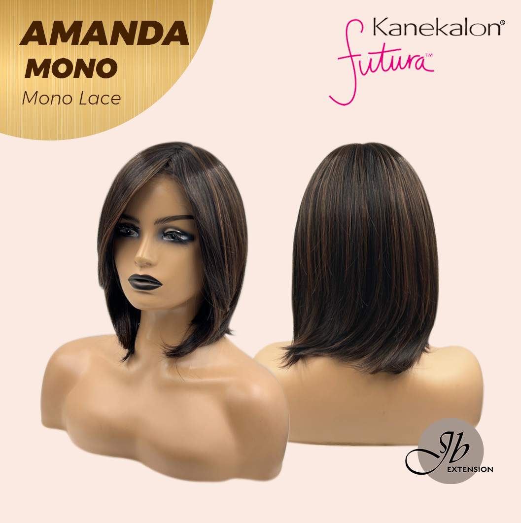 JBEXTENSION AMANDA MONO Full Monofilament Handmade Full Lace Full Hand Tied Wig 10 Inches Black With Caramel Highlight Mono Lace Handmade Futura Fiber Wig Glueless Wig AMANDA MONO【BENDY EAR TABS】