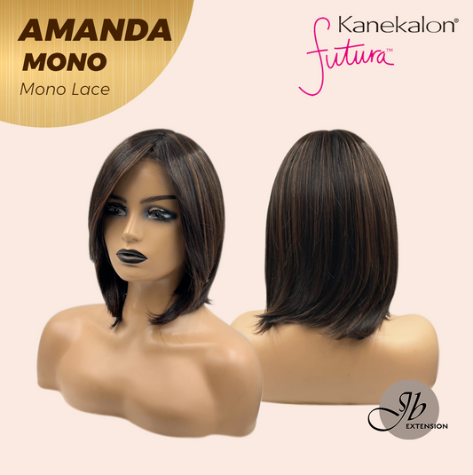 JBEXTENSION AMANDA MONO Full Monofilament Handmade Full Lace Full Hand Tied Wig 10 Inches Black With Caramel Highlight Mono Lace Handmade Futura Fiber Wig Glueless Wig AMANDA MONO【BENDY EAR TABS】