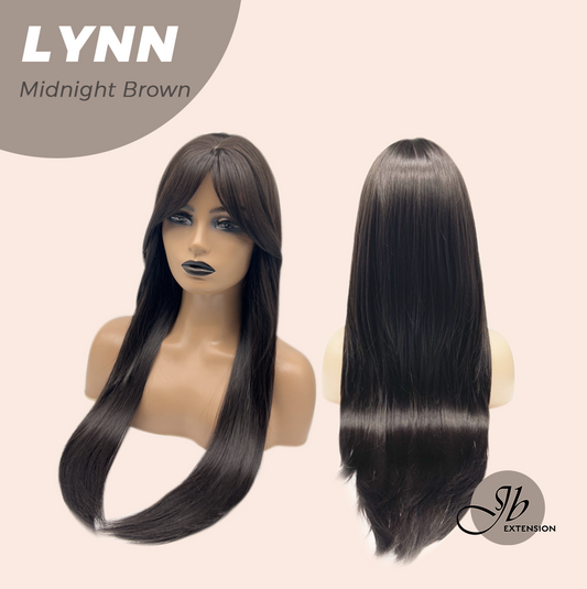 JBEXTENSION 28 Inches Long Straight Midnight Brown(Black/Brown) Wig with Bangs LYNN MIDNIGHT BROWN