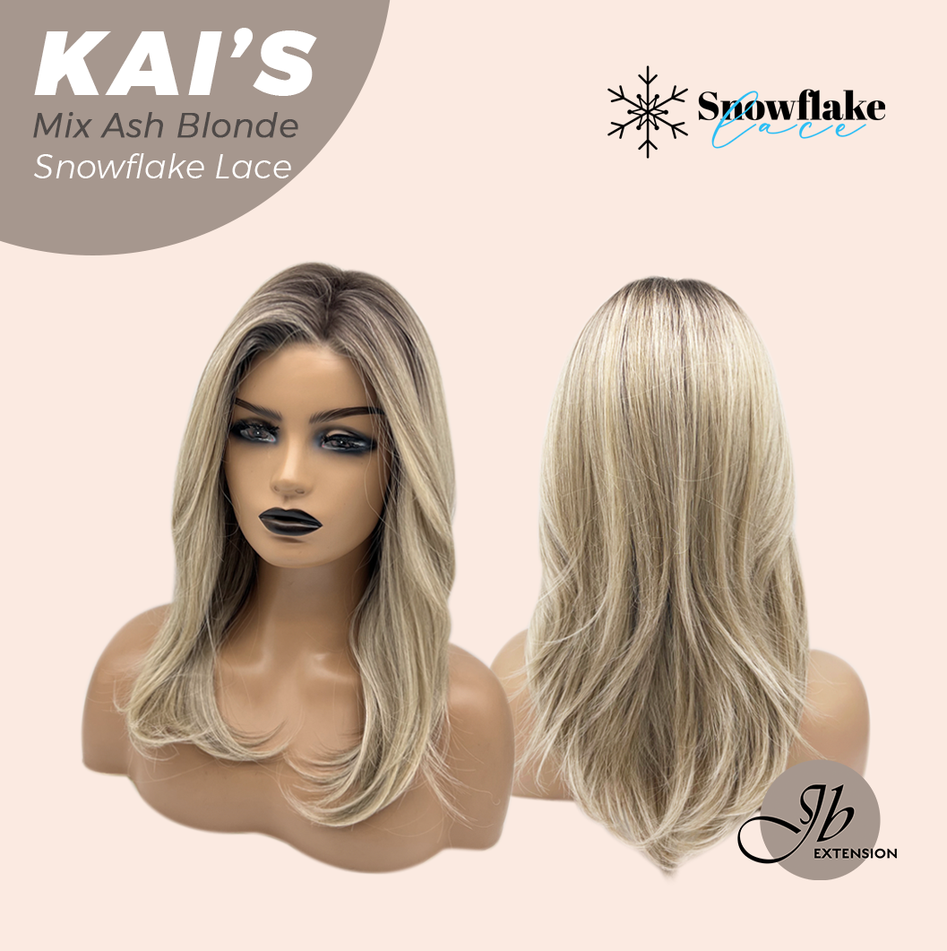 JBEXTENSION 18 Inches Mix Ash Blonde Pre-Cut Snowflake Lace Frontlace Glueless Wig KAI'S MIX ASH BLONDE【PERMATEASE】【BENDY EAR TABS】- M/L