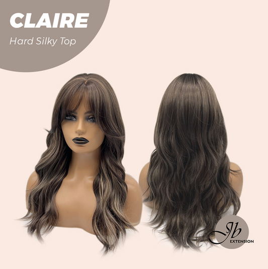 JBEXTENSION 22 Inches Scalpiana Brown with Highlight 3.5X4 Hard Silky Top Natural Scalp Effect Women Wig with Bangs CLAIRE SILKY TOP - BROWN HIGHLIGHT