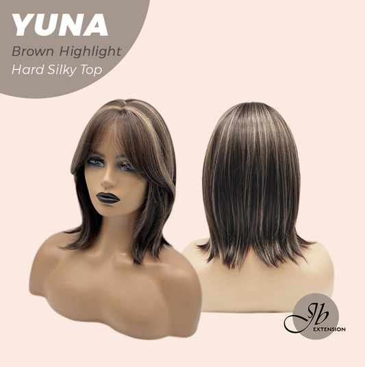 JBEXTENSION 12 Inches Scalpiana Brown with Highlight 3.5X4 Hard Silky Top Natural Scalp Effect Women Wig with Bangs YUNA BROWN HIGHLIGHT
