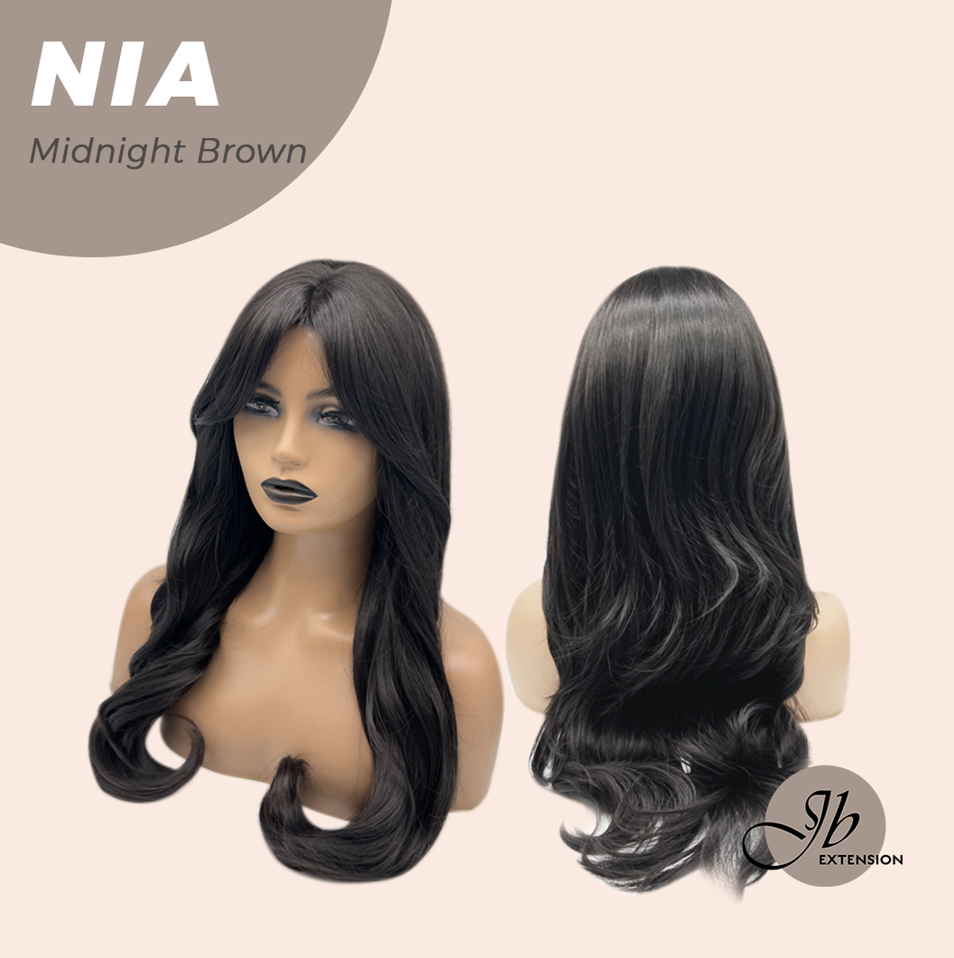 JBEXTENSION 24 Inches Curly Midnight Brown(Black/Brown) Wig with Bangs NIA MIDNIGHT BROWN