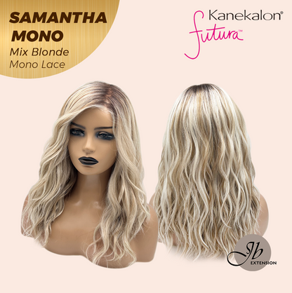 JBEXTENSION SAMANTHA MONO Full Monofilament Handmade Full Lace Full Hand Tied Wig 17 Inches Mix Blonde Mono Lace Handmade Futura Fiber Wig with Anti-slip Silicone Strips Glueless Wig SAMANTHA MONO MIX BLONDE【BENDY EAR TABS】