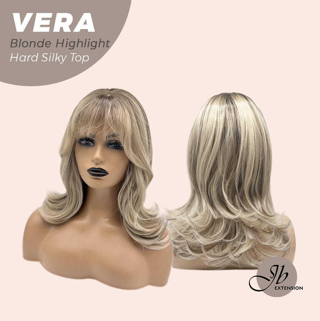 JBEXTENSION 17 Inches Scalpiana Curly Blonde Highlight 3.5X4 Hard Silky Top Natural Scalp Effect Wig with Bangs VERA BLONDE HIGHLIGHT