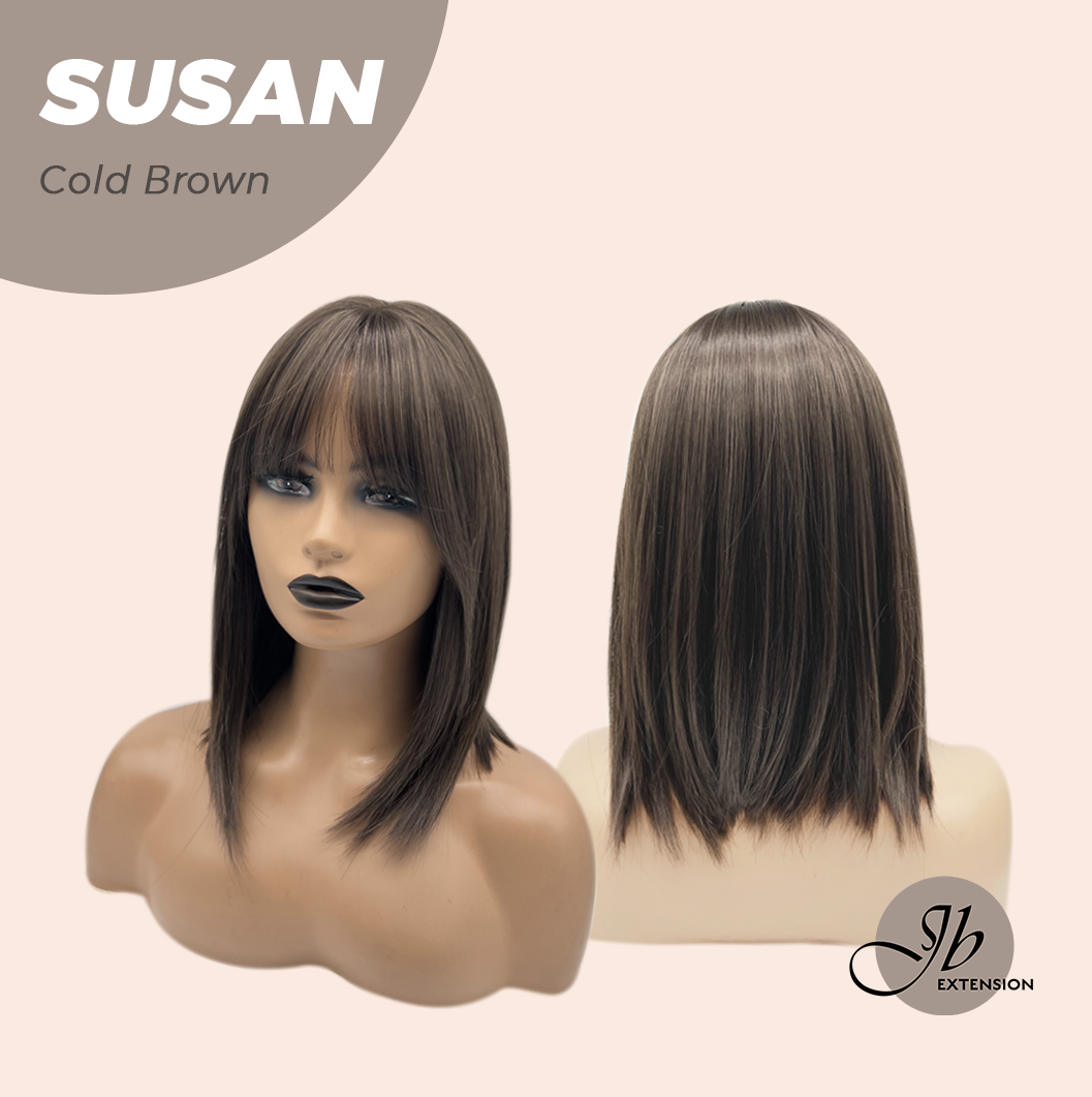 JBEXTENSION 14 Inches Short Bob Cut Cold Brown Wig with Bangs SUSAN COLD BROWN