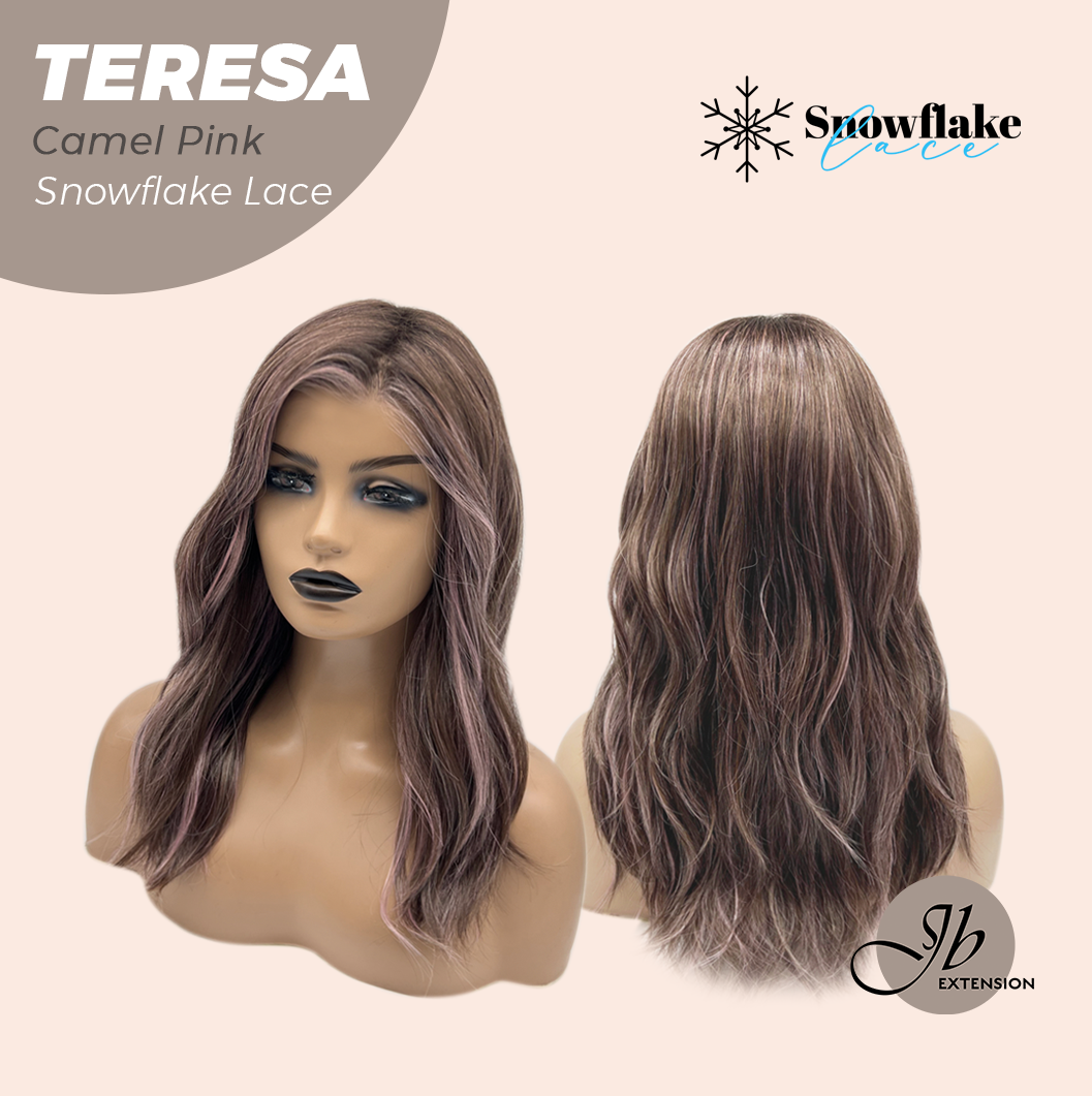 JBEXTENSION 18 Inches Camel Pink Pre-Cut Snowflake Lace Frontlace Glueless Wig TERESA CAMEL PINK【PERMATEASE】【BENDY EAR TABS】- M/L
