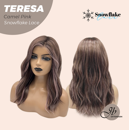 JBEXTENSION 18 Inches Camel Pink Pre-Cut Snowflake Lace Frontlace Glueless Wig TERESA CAMEL PINK【PERMATEASE】【BENDY EAR TABS】- M/L