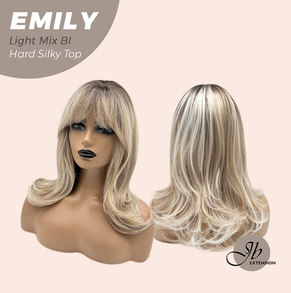JBEXTENSION 18 Inches Scalpiana Curly Light Mix Blonde 3.5X4 Hard Silky Top Natural Scalp Effect Wig with Bangs EMILY LIGHT MIX BLONDE