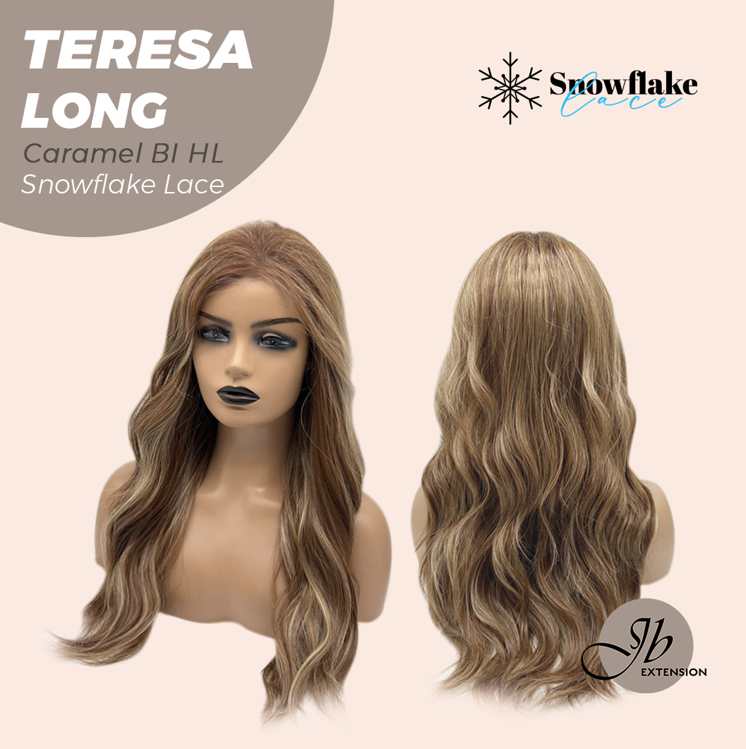 JBEXTENSION 22 Inches Long Caramel Blonde Highlight Pre-Cut Snowflake Lace Frontlace Glueless Wig TERESA LONG CARAMEL BLONDE HIGHLIGHT【PERMATEASE】【BENDY EAR TABS】- M/L
